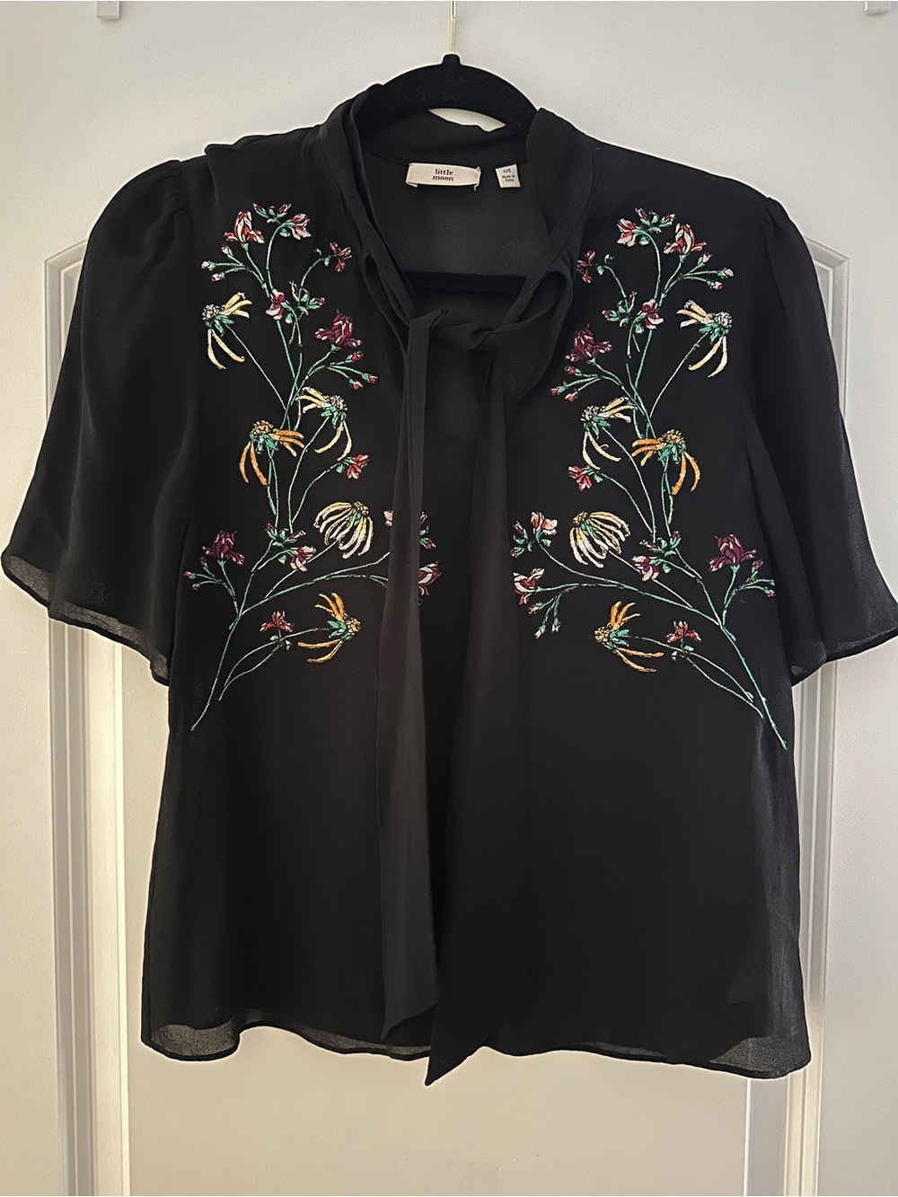 Little Moon Black Embroidered Tie-Neck Blouse